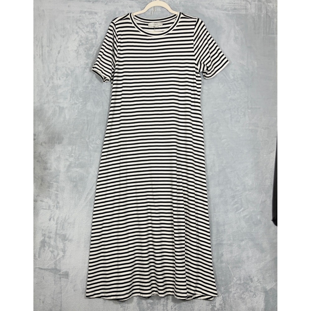 Loft Womens Maxi Dress L Black White Striped Short Sleeve Cotton Blend Casual